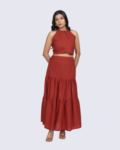 Women Rustic Flared Maxi Skirt With Tank Top