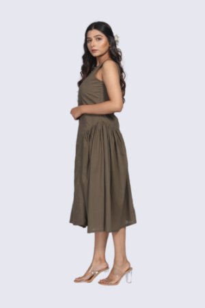 Women Olive Green Side Pleats And Keyhole Neckline Dress