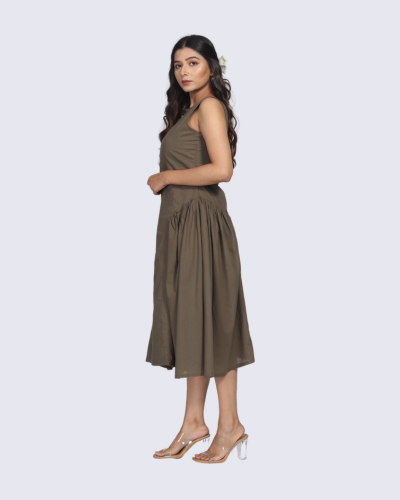 Women Olive Green Side Pleats And Keyhole Neckline Dress