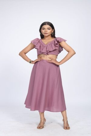 Womens Mauve Ruffles Crop top And Flowing Skirt