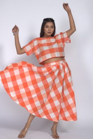 Women Orange And White Checkered Gingham Co - Ord Set